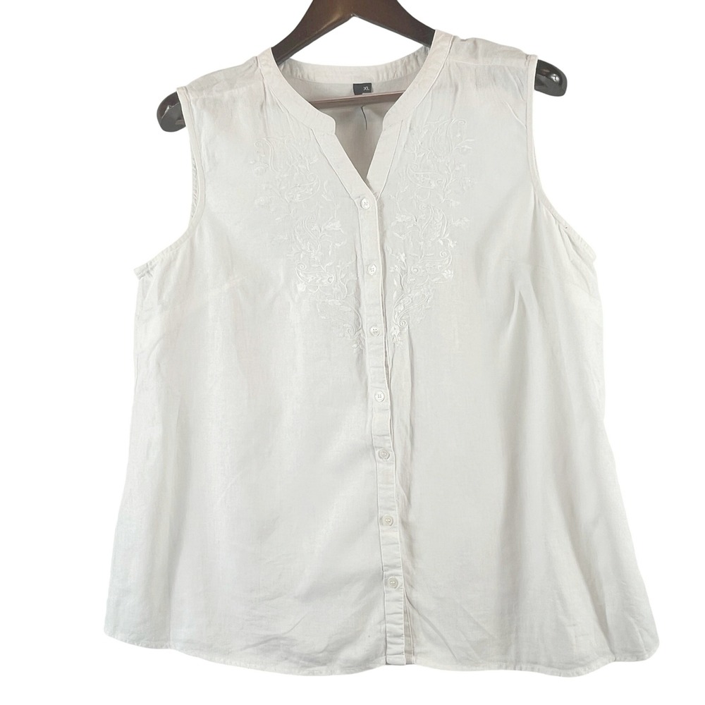 Cathy Linen Rayon Embroidered Sleeveless Blouse XL White Button Front Boho Top